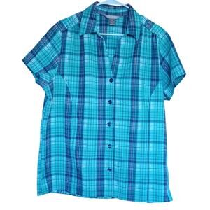 Vintage White Stag Blue Green Plaid Cotton Camp Shirt Button Up Top Women's XXL